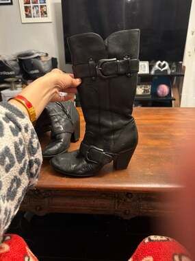 Born Crown Black Leather Heeled Harness Knee High Boots Size 8